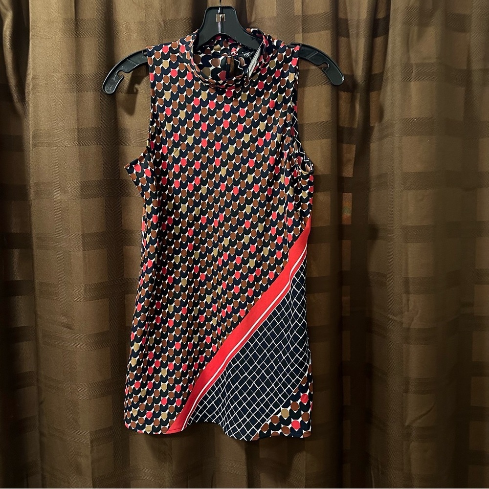 NWT Nic + Zoe Red Black Pattern High Neck Sleeveless Blouse Top size small $129